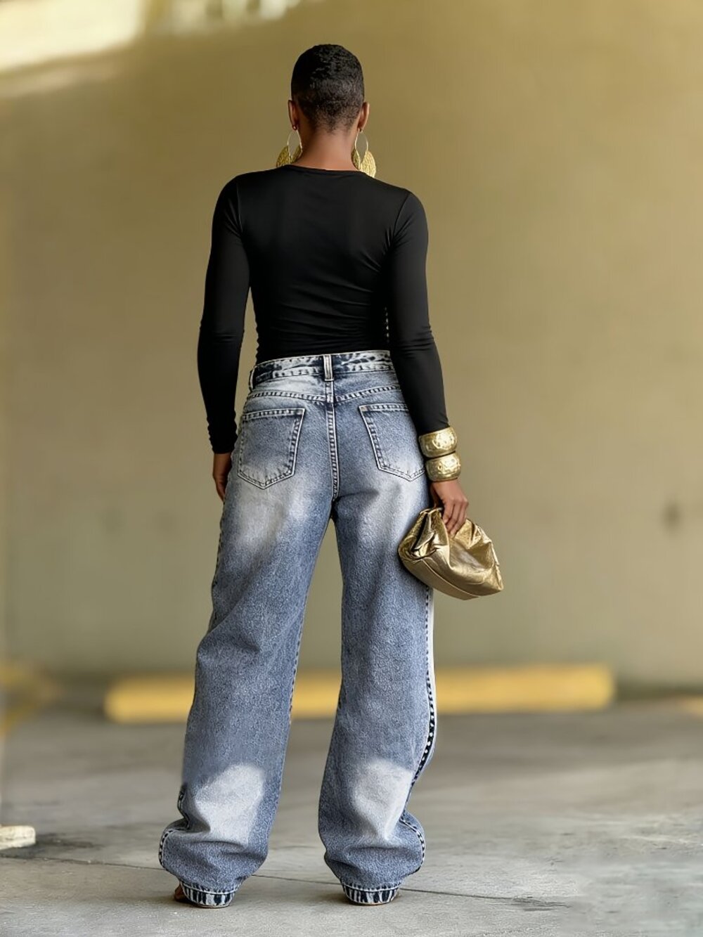 Asymmetrical High Rise Wide Leg Baggy Jeans Washed Denim - Picture 2 of 7